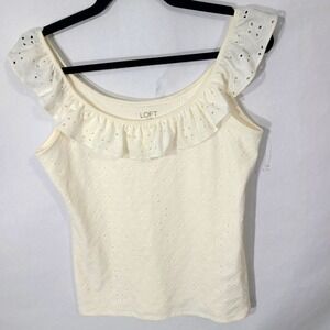 Loft‎ Outlet Women's Size Medium Cream Tank Sleeveless Ruffles Eyelet Embroidery